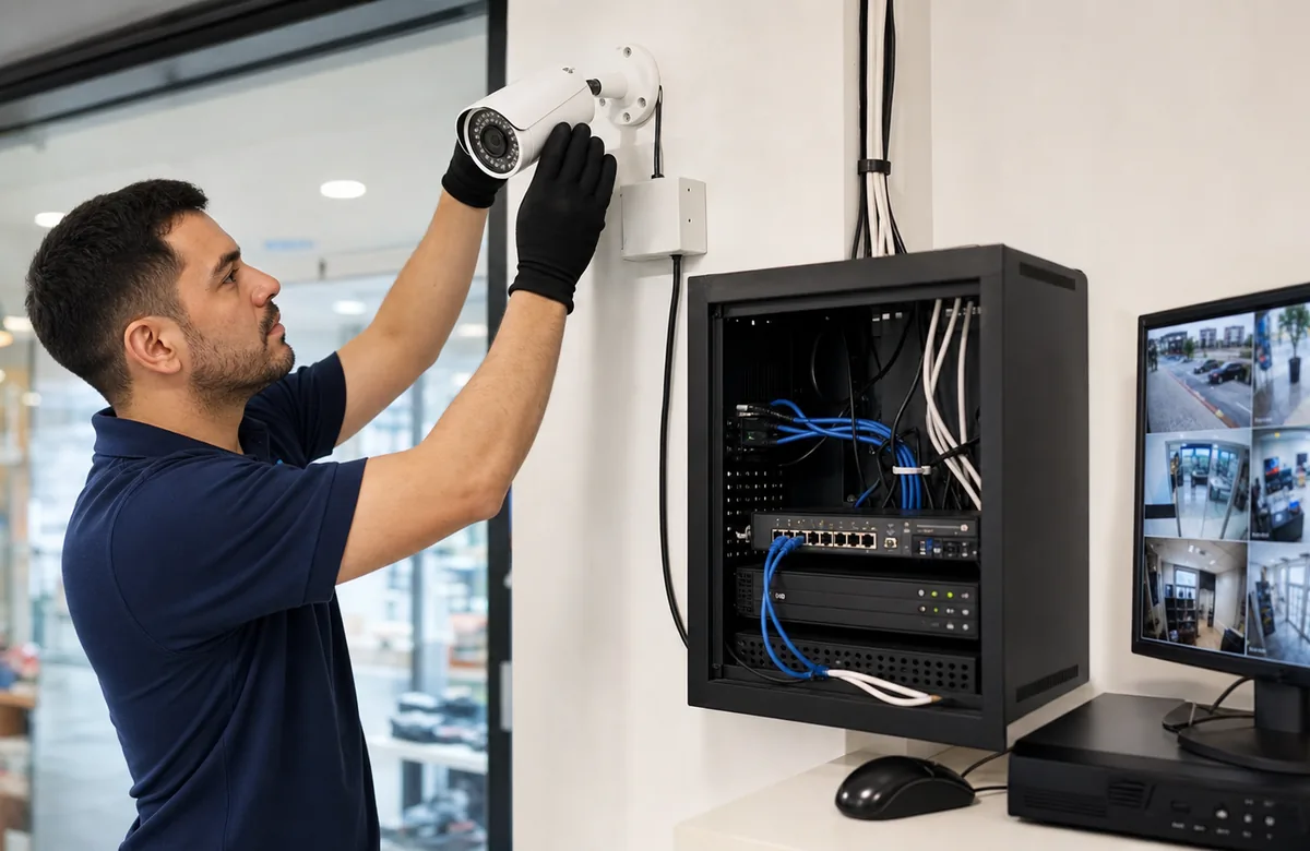 Técnico de Tearmotec instalando y configurando cámaras de seguridad CCTV en Curicó