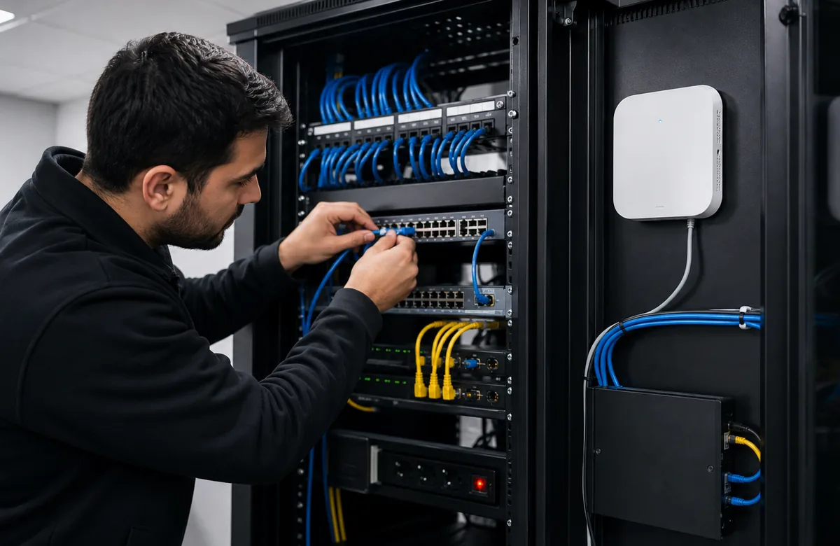 Técnico de Tearmotec instalando cableado y configurando equipos de red en Curicó