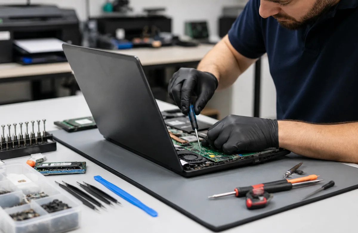 Técnico de Tearmotec diagnosticando y reparando un notebook en Curicó