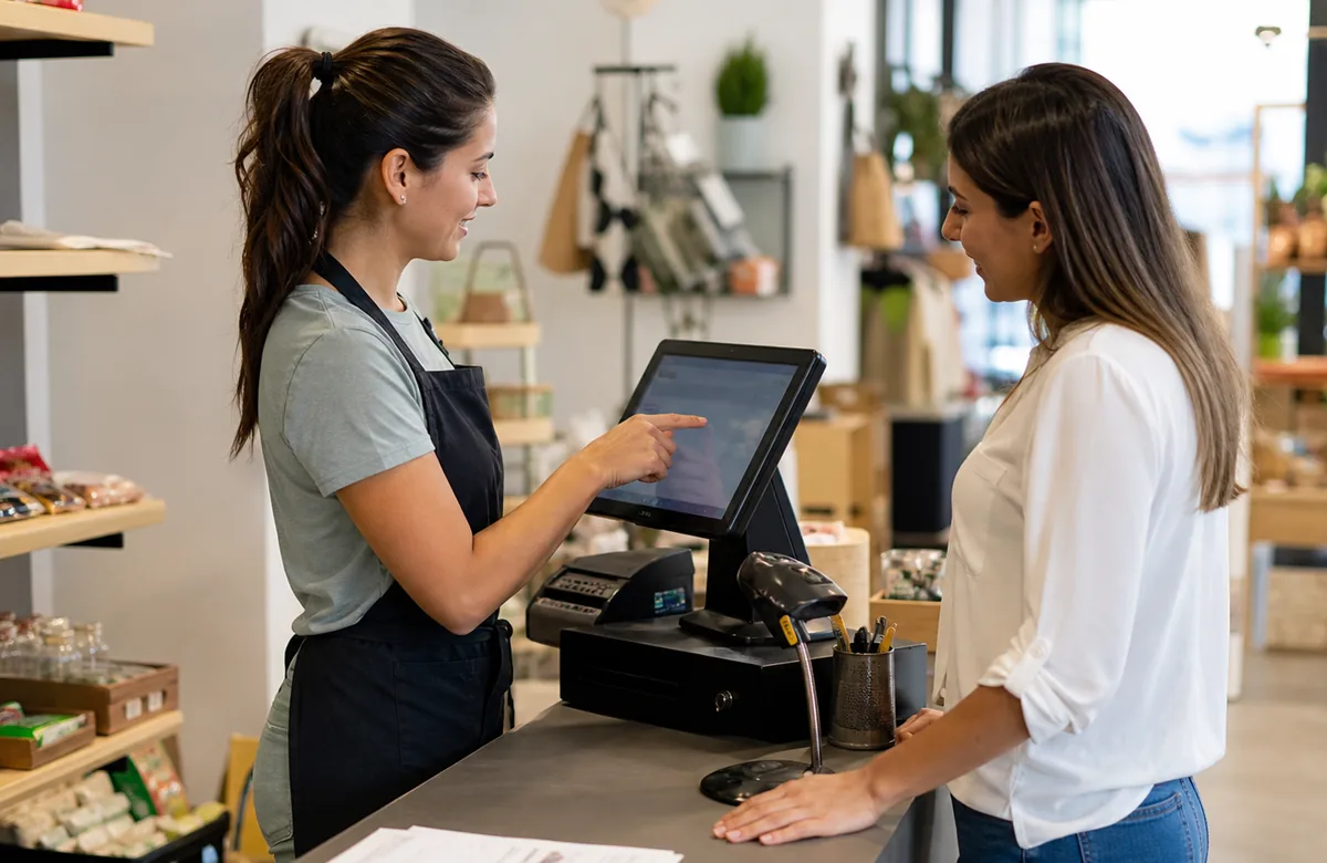 Personal de un comercio utilizando un sistema POS configurado por Tearmotec en Curicó